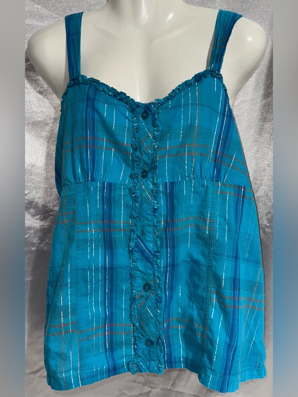 Turquoise Metallic Silver Striped Ruffle Button Tank Junior Sz Med/Large